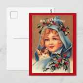 Mooi kerstfeest, klein meisje en kat briefkaart (Voorkant / Achterkant)