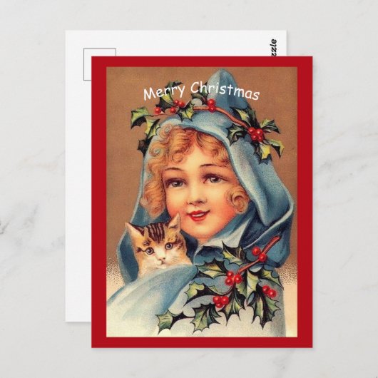 Mooi kerstfeest, klein meisje en kat briefkaart (Voorkant / Achterkant)
