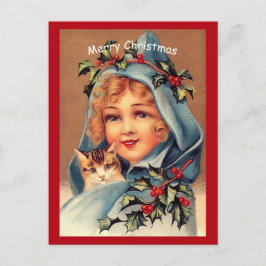 Mooi kerstfeest, klein meisje en kat briefkaart