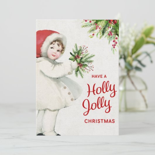 Mooi kerstmeisje met Vintage Feestdagenkaart (Staand voorkant)