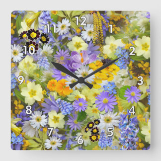 Mooi kleurrijk bed van bloemen vierkante klok