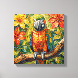 Mooi Kleurrijk Impasto Papegaai en Tropische Bloem Canvas Afdruk