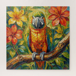 Mooi Kleurrijk Impasto Papegaai en Tropische Bloem Legpuzzel