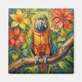 Mooi Kleurrijk Impasto Papegaai en Tropische Bloem Magneet