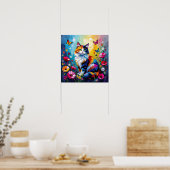 Mooi Kleurrijke Impasto Kat en Bloemen Poster (Keuken)