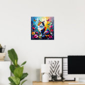Mooi Kleurrijke Impasto Kat en Bloemen Poster (Thuiskantoor)
