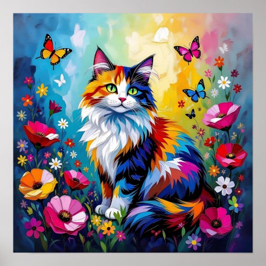 Mooi Kleurrijke Impasto Kat en Bloemen Poster (Voorkant)