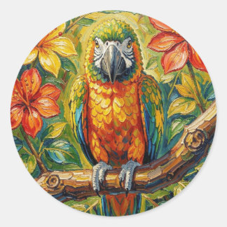 Mooi Kleurrijke Impasto Papegaai en Tropische Bloe Ronde Sticker