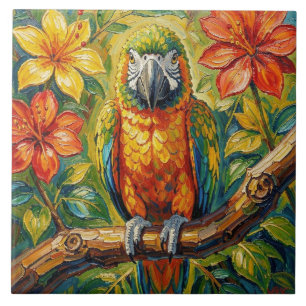 Mooi Kleurrijke Impasto Papegaai en Tropische Bloe Tegeltje