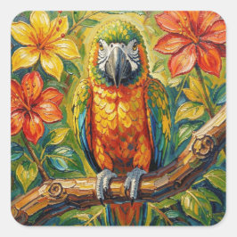 Mooi Kleurrijke Impasto Papegaai en Tropische Bloe Vierkante Sticker