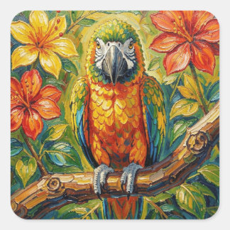 Mooi Kleurrijke Impasto Papegaai en Tropische Bloe Vierkante Sticker