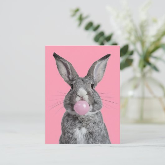 Mooi Konijn Kauwen Roze Bubble Gum Briefkaart (Staand voorkant)