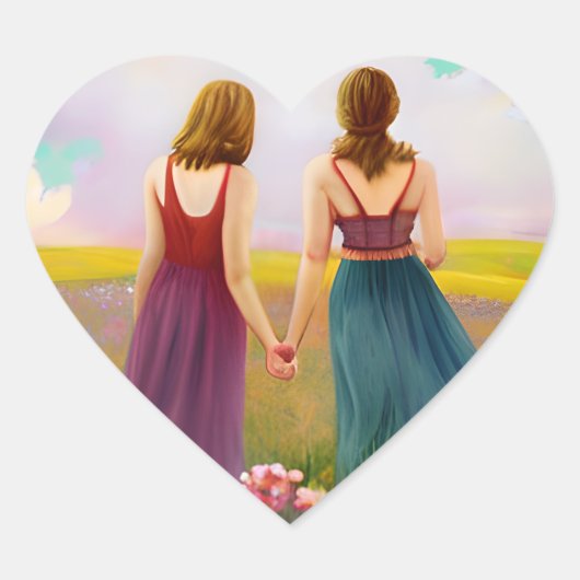 Mooi Lesbisch Paar in Gebied van Bloemen Hart Sticker (Voorkant)