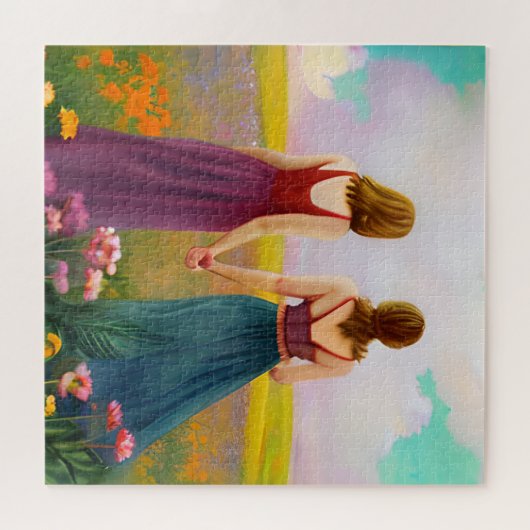 Mooi Lesbisch Paar in Gebied van Bloemen Legpuzzel (Horizontaal)