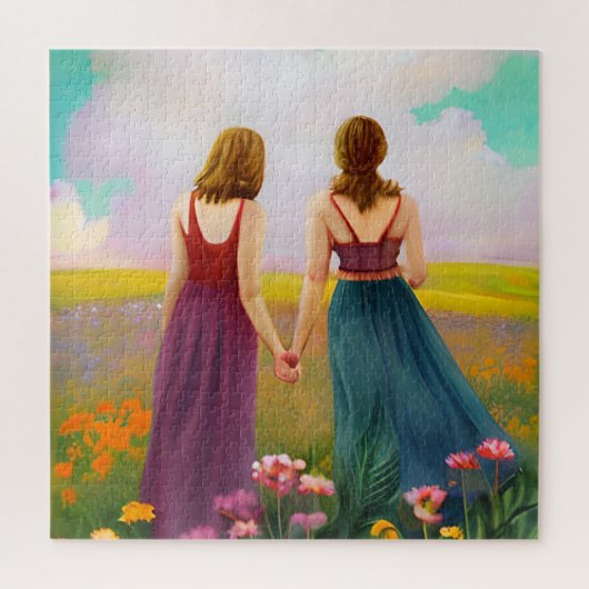 Mooi Lesbisch Paar in Gebied van Bloemen Legpuzzel (Verticaal)