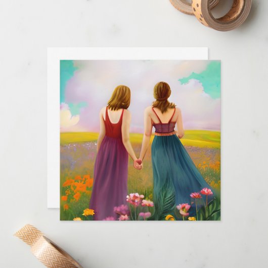 Mooi Lesbisch Paar in Gebied van Bloemen Notitiekaartje (Voorkant / Achterkant in situ)