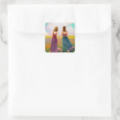 Mooi Lesbisch Paar in Gebied van Bloemen Vierkante Sticker (Tas)