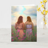 Mooi Lesbisch Paar in Meadow of Flowers Kaart (Gele Bloem)
