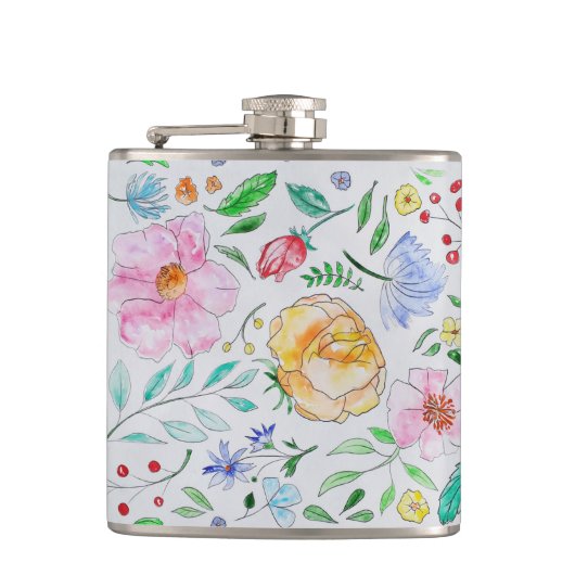 Mooi licht waterverf bloemen en knoppen patroon heupfles (Voorkant)