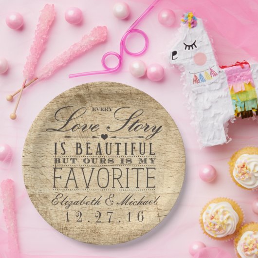 Mooi liefdesverhaal rustieke schuur hout bruiloft papieren bordje (Feest)