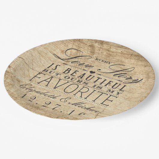 Mooi liefdesverhaal rustieke schuur hout bruiloft papieren bordje (Gekanteld)