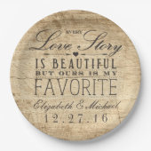 Mooi liefdesverhaal rustieke schuur hout bruiloft papieren bordje (Voorkant)