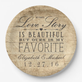 Mooi liefdesverhaal rustieke schuur hout bruiloft papieren bordje