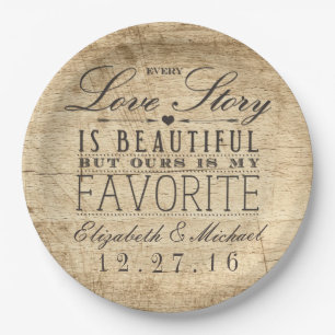 Mooi liefdesverhaal rustieke schuur hout bruiloft papieren bordje
