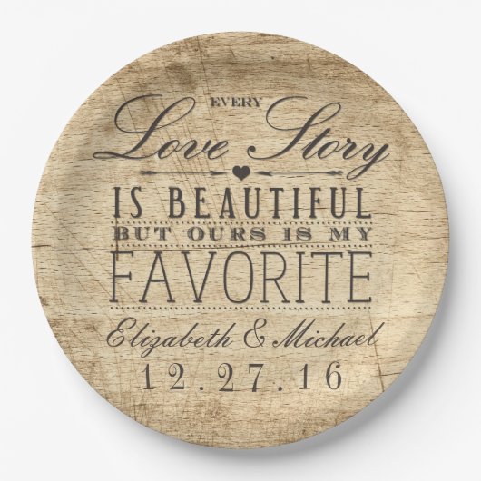 Mooi liefdesverhaal rustieke schuur hout bruiloft papieren bordje (Voorkant)