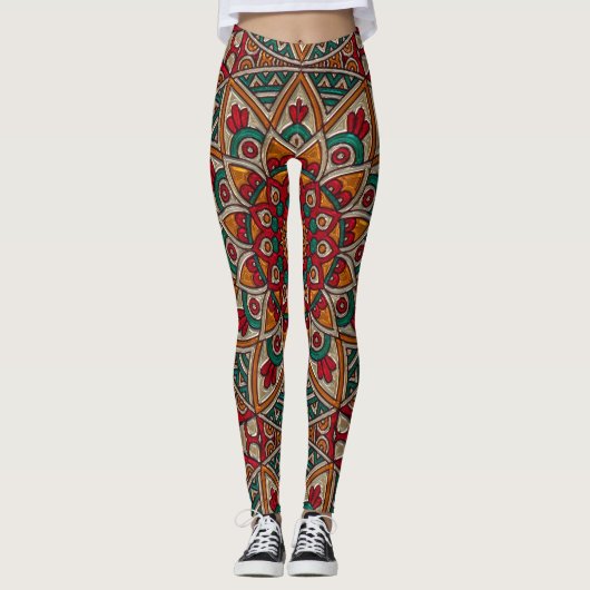Mooi Mandala rood, Blauwgroen, Oranje lekken Leggings (Voorkant)