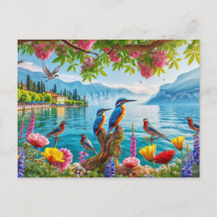 Mooi meer met vogels en bloemen Schilderen Briefkaart