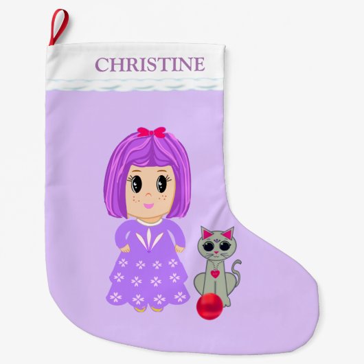 Mooi meisje en kat grote kerstsok (Voorkant)