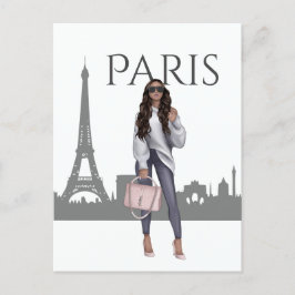 Mooi meisje in Parijs met Briefkaart Eiffeltoren