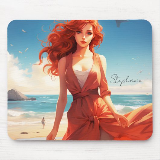 Mooi meisje in rood op het strand muismat (Voorkant)