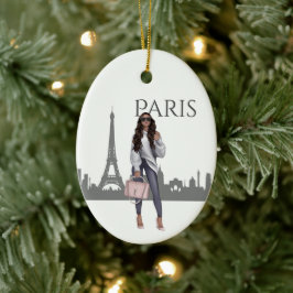 Mooi meisje met kerstmis in Parijs Keramisch Ornament