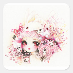 Mooi meisje met leuke konijntjes vierkante sticker
