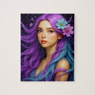 Mooi Meisje met pastel haar, nacht achtergrond Legpuzzel