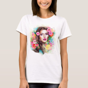 Mooi meisje met roze roze bloemen wit t-shirt