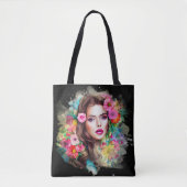 Mooi meisje met roze roze bloemen zwart tote bag (Voorkant)