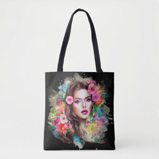 Mooi meisje met roze roze bloemen zwart tote bag (Voorkant)