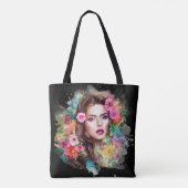 Mooi meisje met roze roze bloemen zwart tote bag (Achterkant)