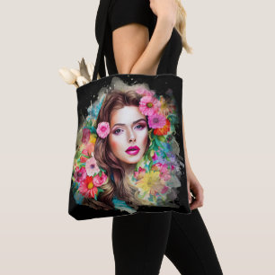 Mooi meisje met roze roze bloemen zwart tote bag