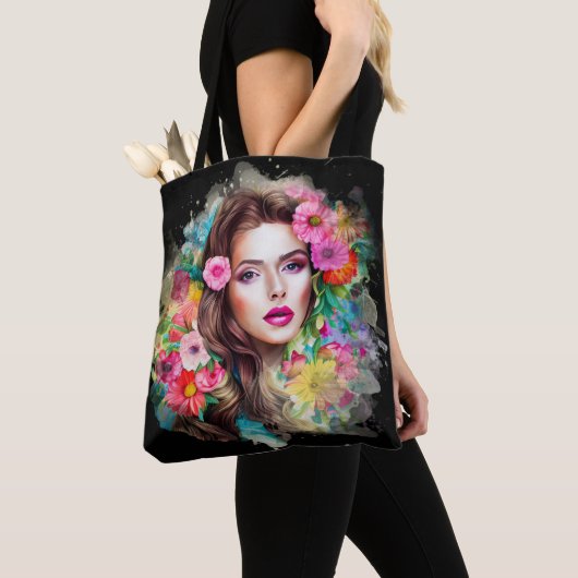 Mooi meisje met roze roze bloemen zwart tote bag (Dichtbij)