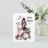 Mooi meisje met verjaardagstaart feestdagenkaart (Staand voorkant)