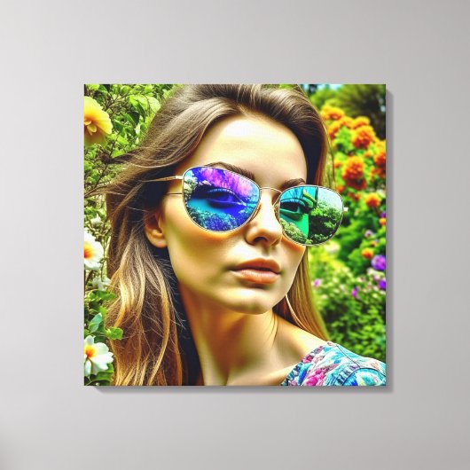 Mooi Meisje met Zonnebril Reflectie Bloemen Canvas Afdruk (Voorkant)