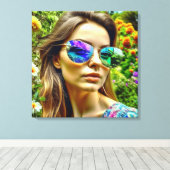 Mooi Meisje met Zonnebril Reflectie Bloemen Canvas Afdruk (Insitu (Houten vloer))
