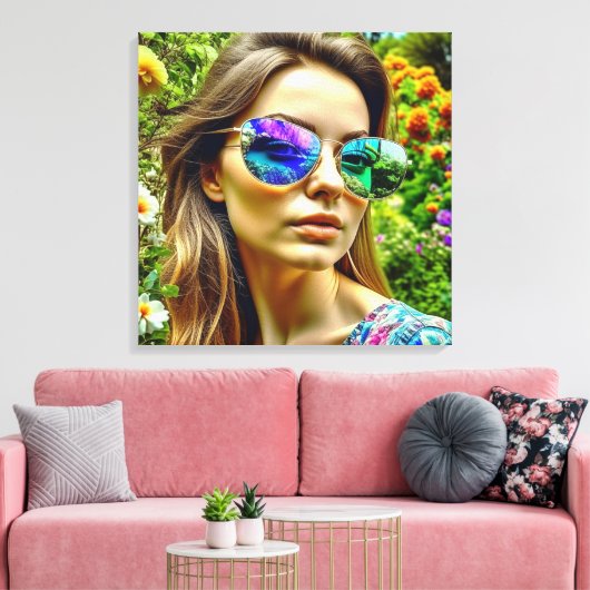 Mooi Meisje met Zonnebril Reflectie Bloemen Canvas Afdruk (Insitu (Woonkamer))