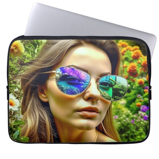 Mooi Meisje met Zonnebril Reflectie Bloemen Laptop Sleeve (Voorkant)