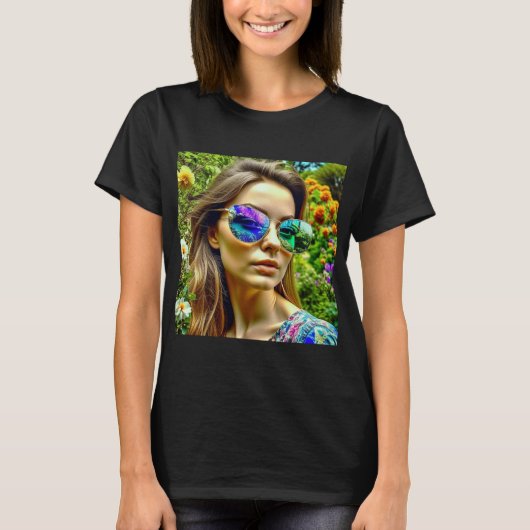Mooi Meisje met Zonnebril Reflectie Bloemen T-shirt (Voorkant)