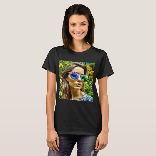 Mooi Meisje met Zonnebril Reflectie Bloemen T-shirt (Voorkant volledig)